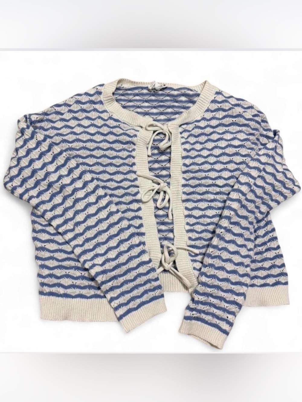 Wave-Stripe Tie-Front Cardigan Sweater - Blue & Cream